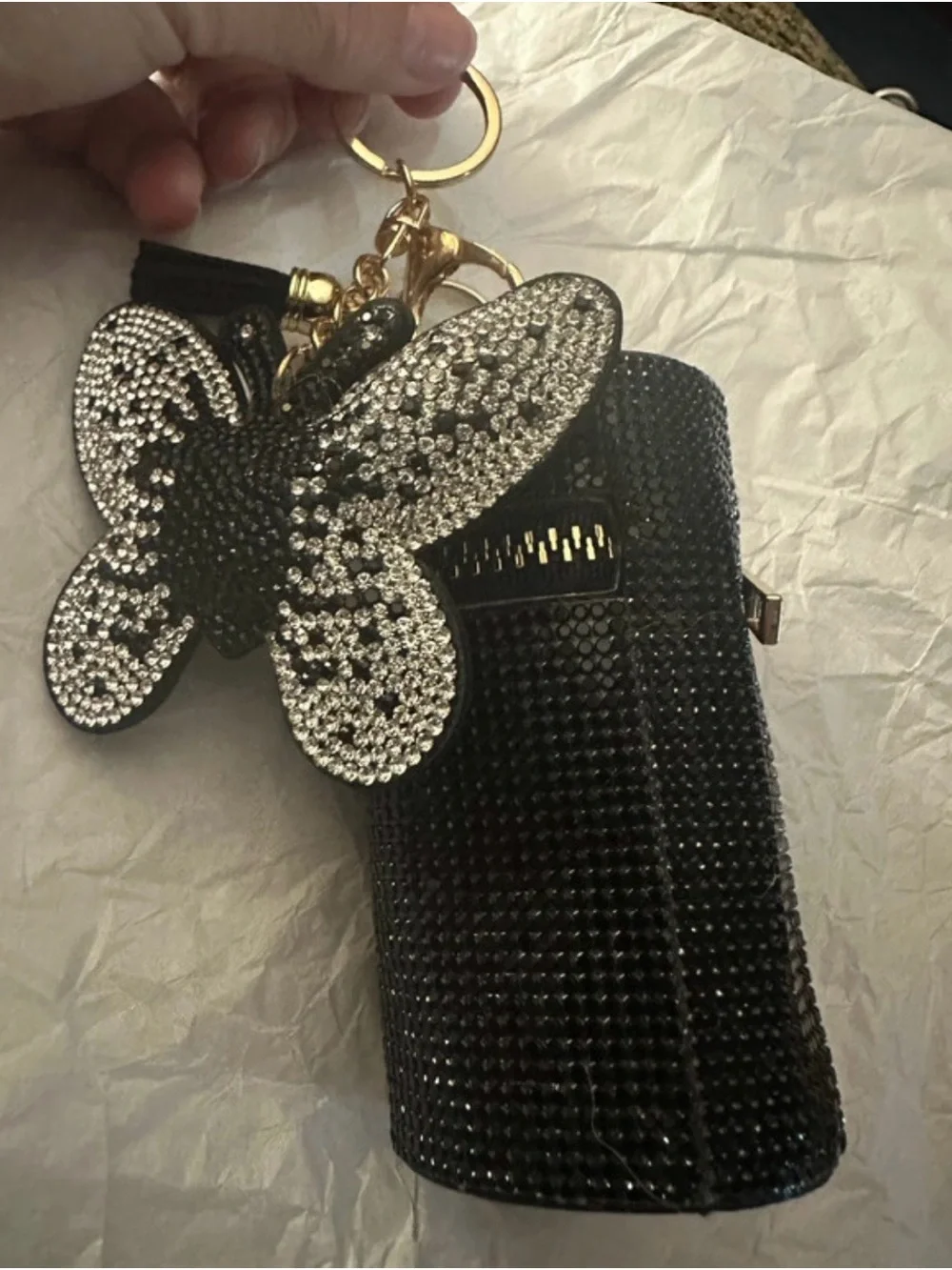 Black Rhinestone Lipstick Case with Butterfly Keychain/Bag Charm